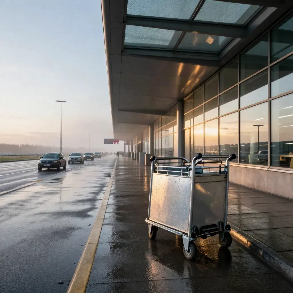 Gryningsbild av flygplatsterminal, bagagevagn, blöt asfalt, bussfil och dimma efter nattregn.