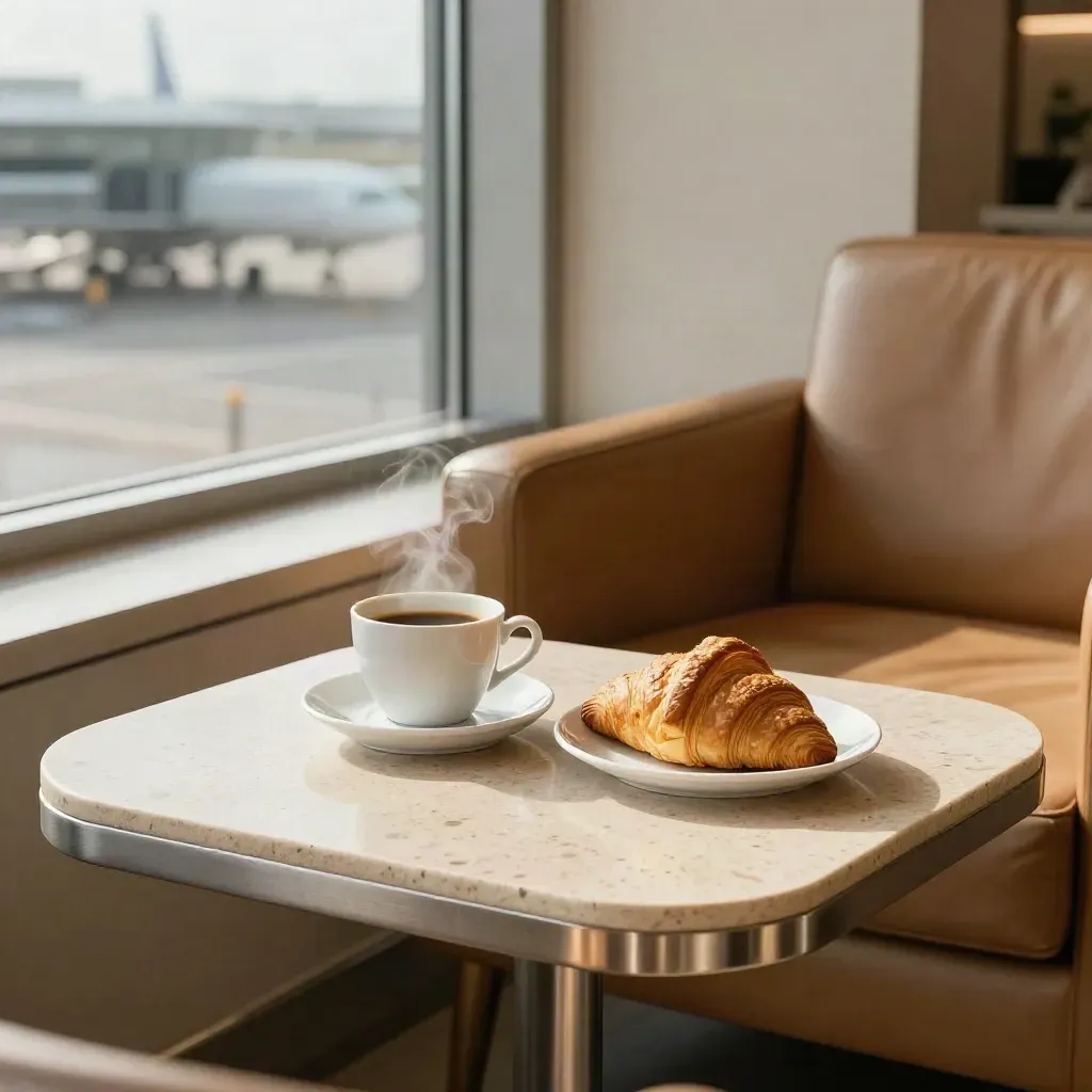 Lugn flygplatslounge med espresso, croissant och fåtölj i varmt dagsljus.