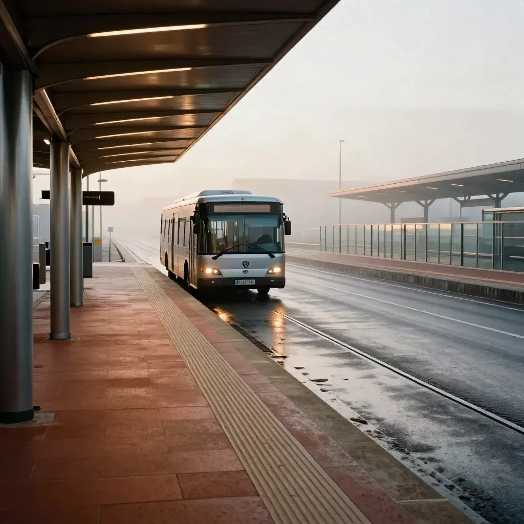 Silverglänsande transportzon vid flygplatsen med buss, tågkant och taxi i morgondimma.